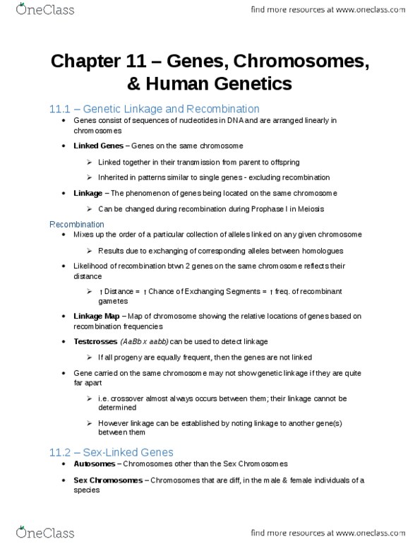 BIOL 1000 Chapter Notes - Chapter 11: Achondroplasia, Genetic Linkage, Meiosis thumbnail