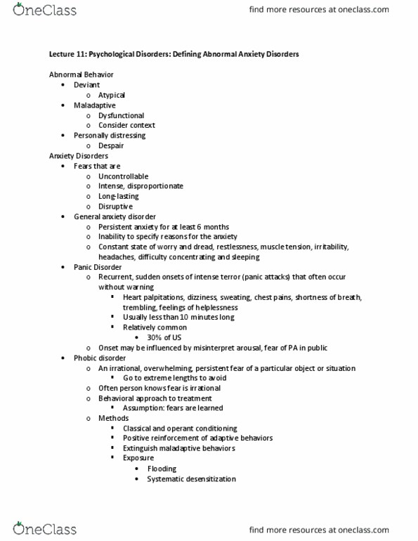 PSYC 1101 Lecture Notes - Lecture 11: Panic Disorder, Palpitations, Systematic Desensitization thumbnail
