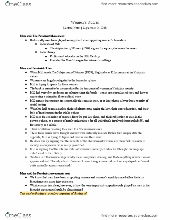 WMST 1000 Lecture Notes - Lecture 3: John Stuart Mill, John Dewey, Feminist Movement thumbnail