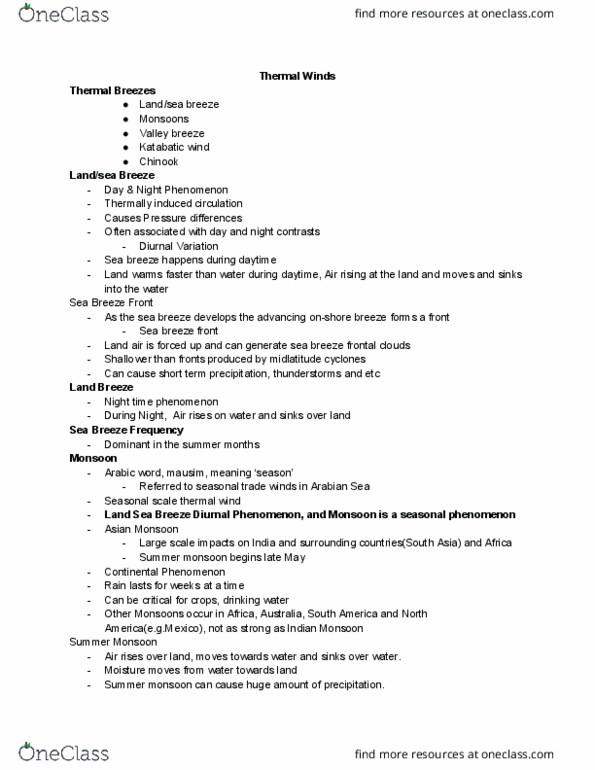 EESA09H3 Lecture Notes - Lecture 8: Sea Breeze, Thermal Wind, Katabatic Wind thumbnail