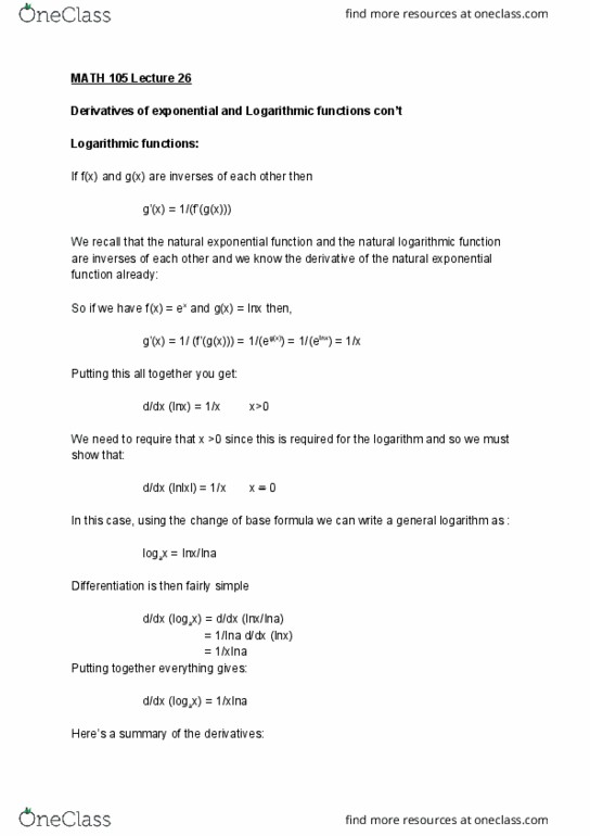 MATH 105 Lecture Notes - Lecture 26: Exponential Function, Logarithm thumbnail