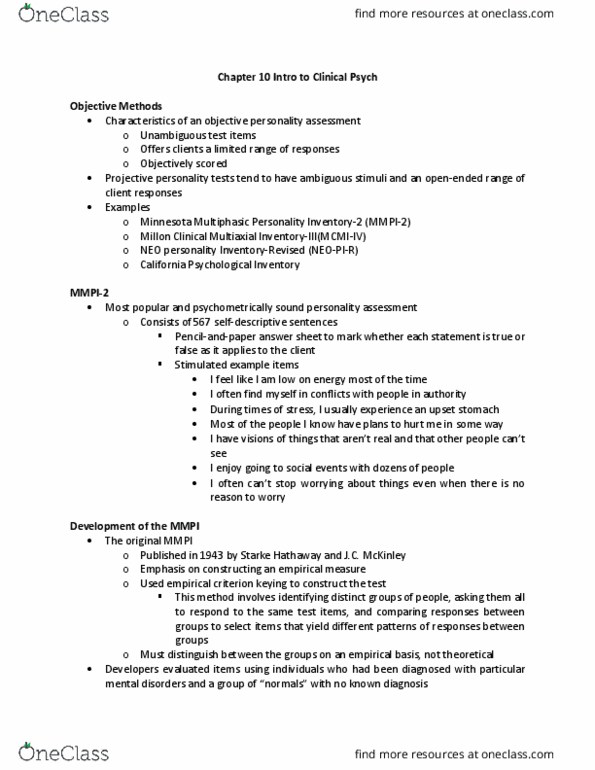 PSYC 40383 Lecture Notes - Lecture 9: California Psychological Inventory, Empirical Measure, Personality Disorder thumbnail