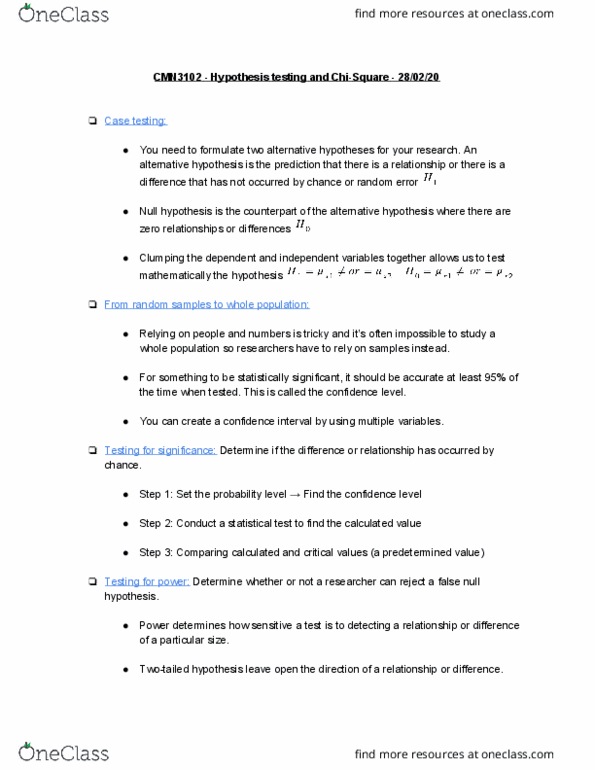 CMN 3102 Lecture Notes - Lecture 9: Null Hypothesis, Statistical Hypothesis Testing, Confidence Interval thumbnail