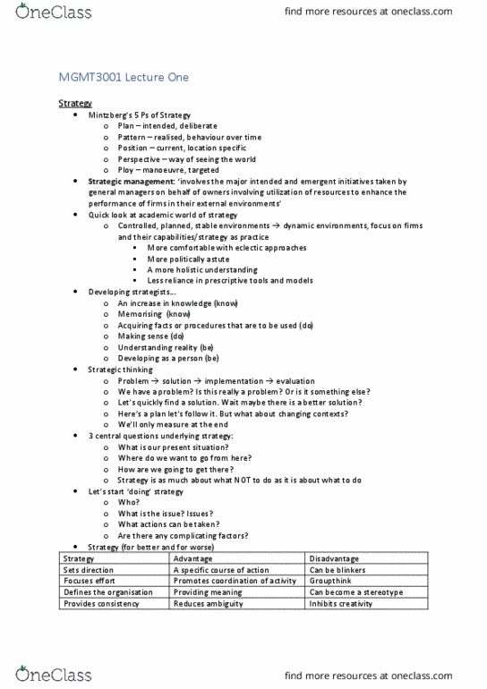 MGMT3001 Lecture Notes - Lecture 1: Strategic Management, Strategic Thinking, Corporate Social Responsibility thumbnail