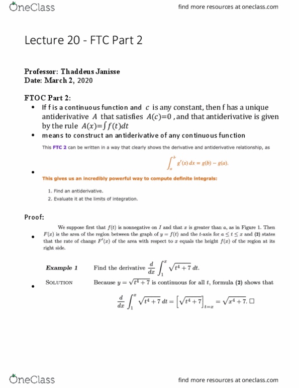 MAT137Y1 Lecture Notes - Lecture 25: Antiderivative cover image