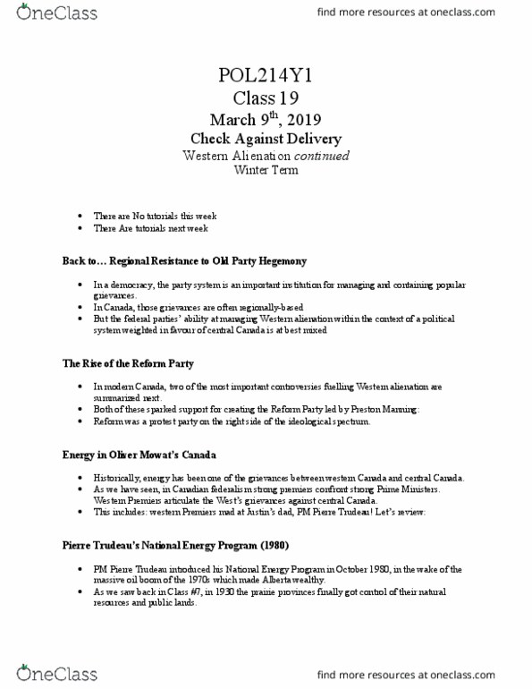 POL214Y1 Lecture Notes - Lecture 19: National Energy Program, Pierre Trudeau, Western Alienation In Canada thumbnail