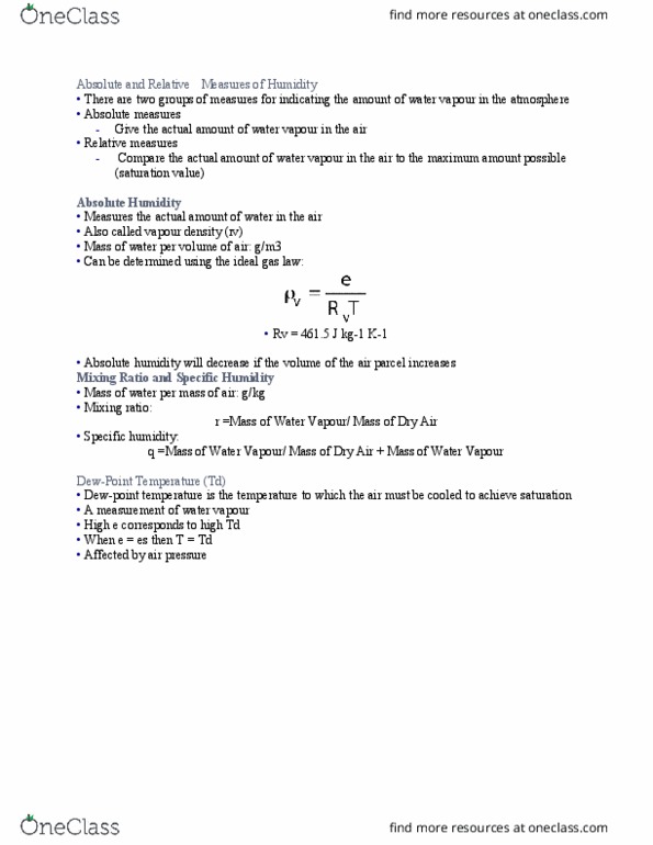 GGR214H5 Lecture Notes - Lecture 4: Ideal Gas Law, Mixing Ratio, Vapor Pressure thumbnail
