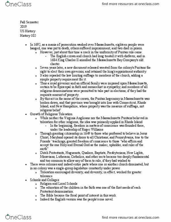 HIST 102 Lecture Notes - Lecture 17: Puritans, Mania, Compulsory Education thumbnail