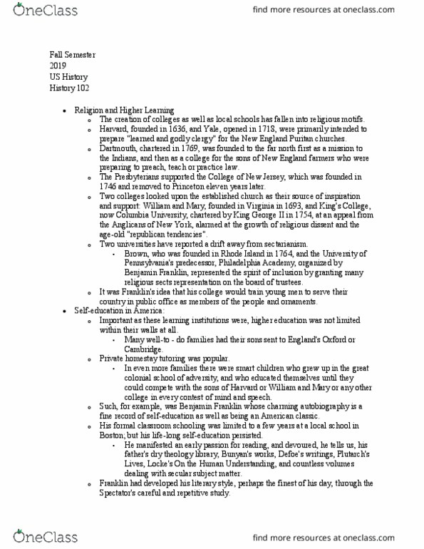 HIST 102 Lecture Notes - Lecture 18: Homestay, The New-England Courant thumbnail