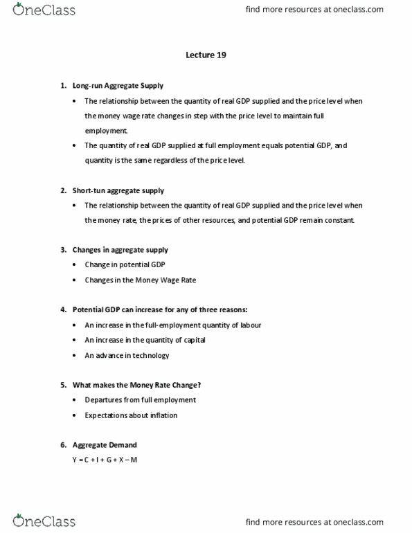 ECON 102 Lecture Notes - Lecture 18: Aggregate Supply, Potential Output, Aggregate Demand cover image