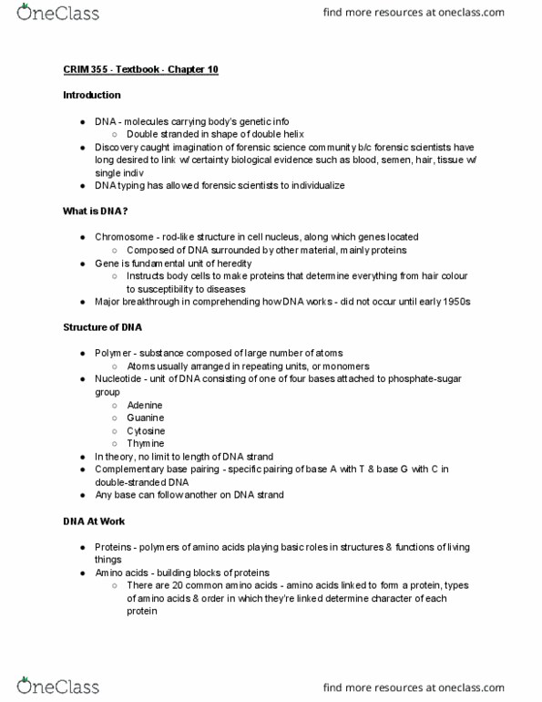 CRIM 355 Chapter Notes - Chapter 10: Forensic Science, Genetic Testing, Cell Nucleus thumbnail