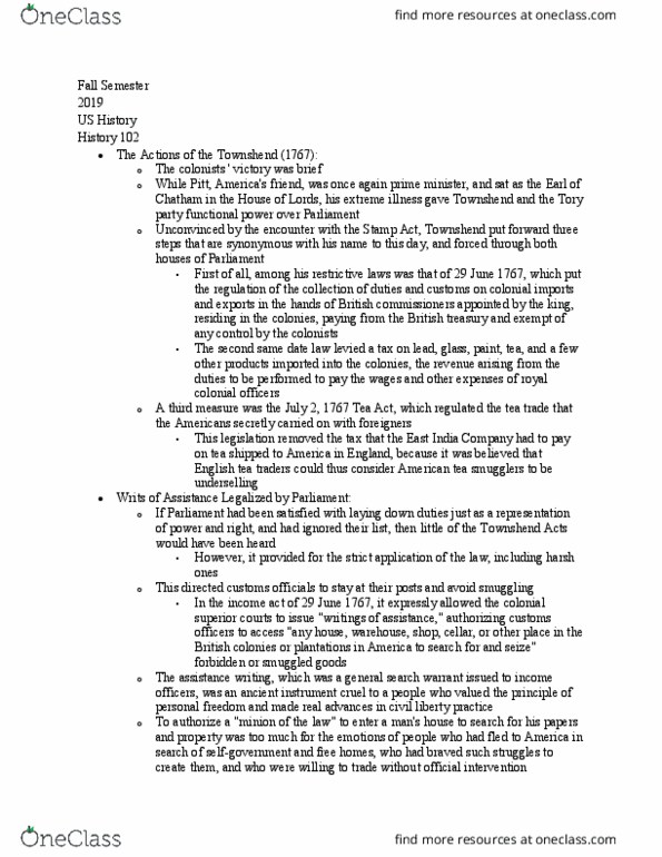 HIST 102 Chapter Notes - Chapter 5: Townshend Acts, Tea Act thumbnail