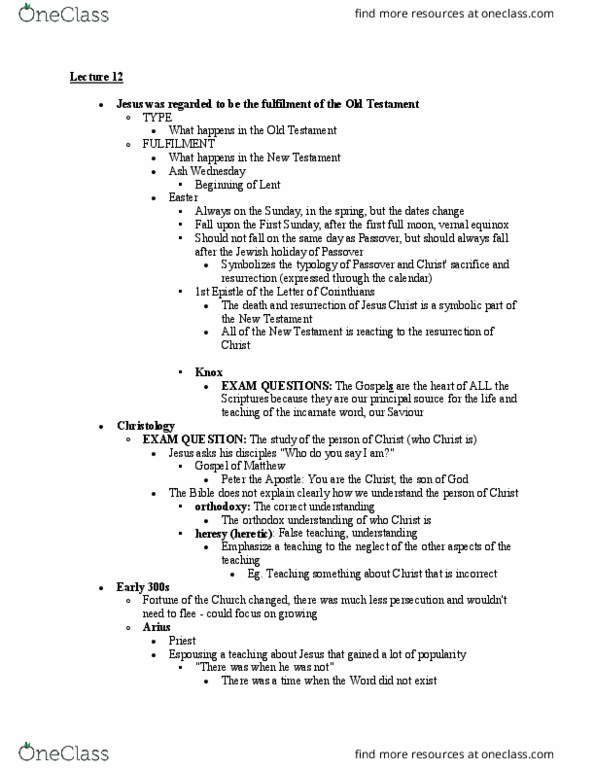 CHRTC 250 Lecture Notes - Lecture 12: Jewish Holidays, Theotokos, Arianism thumbnail