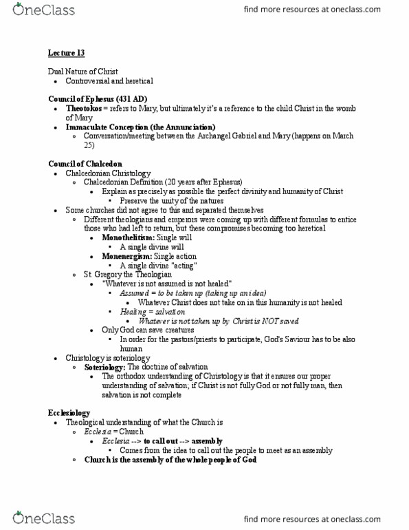 CHRTC 250 Lecture Notes - Lecture 13: Gabriel, Chalcedonian Definition, Soteriology thumbnail