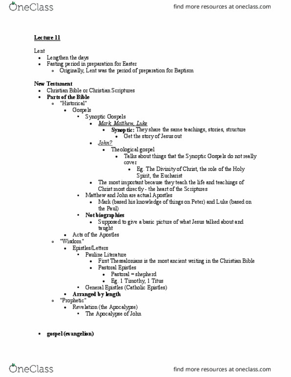CHRTC 250 Lecture Notes - Lecture 11: Synoptic Gospels, Pastoral Epistles, General Epistles thumbnail