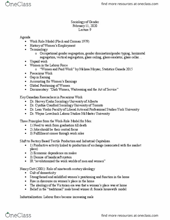SOCIOL 2HH3 Lecture Notes - Lecture 9: Nancy F. Cott, Glass Ceiling, Krahn People thumbnail
