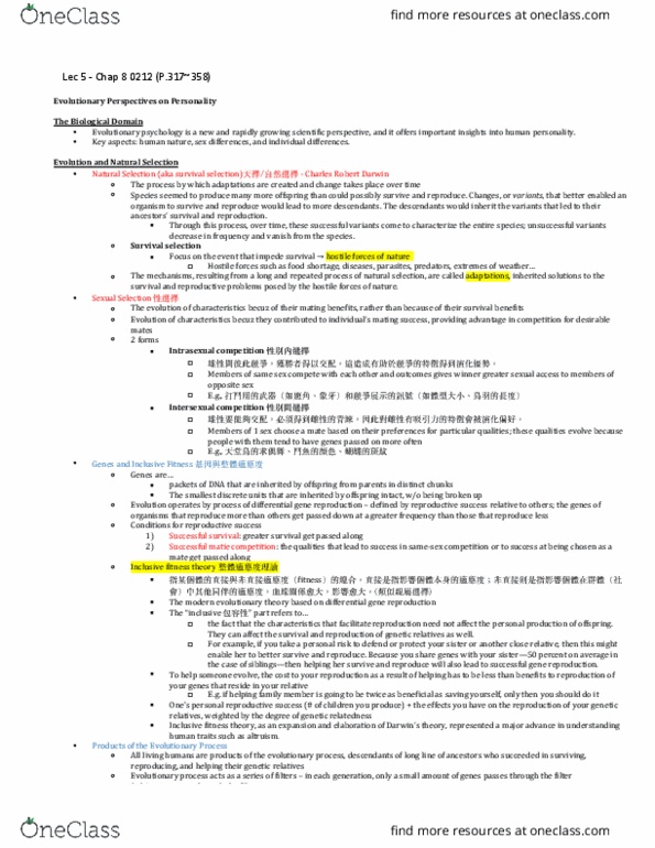 PSYB30H3 Chapter Notes - Chapter 8: Inclusive Fitness, Evolutionary Psychology, Trait Theory thumbnail