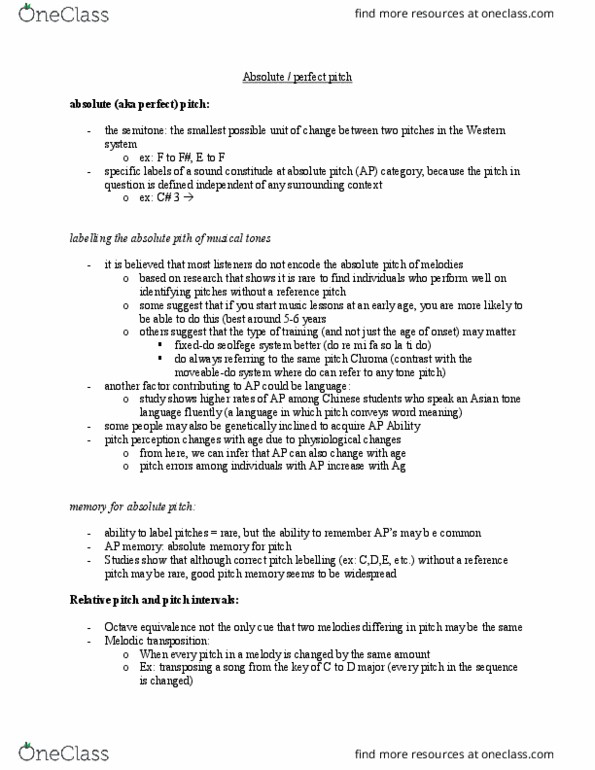 PSYCH 2MP3 Chapter Notes - Chapter 14: Absolute Pitch, Pitch Interval, Relative Pitch thumbnail