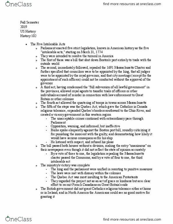 HIST 102 Chapter Notes - Chapter 5: Intolerable Acts, Quebec Act, List Of British Governments thumbnail