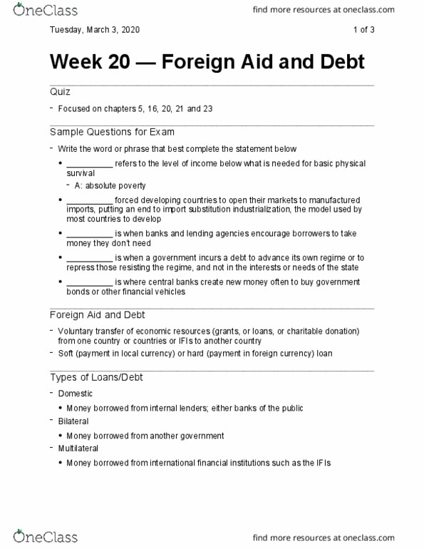 Political Science 2225E Lecture Notes - Lecture 20: Import Substitution Industrialization, Heavily Indebted Poor Countries, Capital Formation thumbnail
