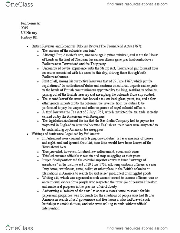 HIST 101 Chapter Notes - Chapter 9: Townshend Acts, Tea Act thumbnail