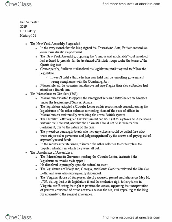 HIST 101 Chapter Notes - Chapter 9: New York State Assembly, Quartering Acts, Townshend Acts thumbnail