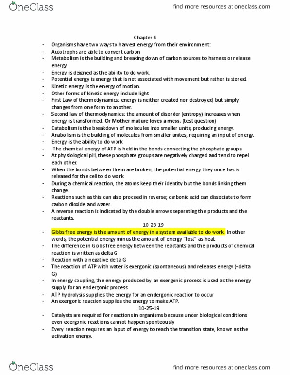 BIOL 102 Lecture Notes - Lecture 6: Gibbs Free Energy, Exergonic Reaction, Atp Hydrolysis thumbnail