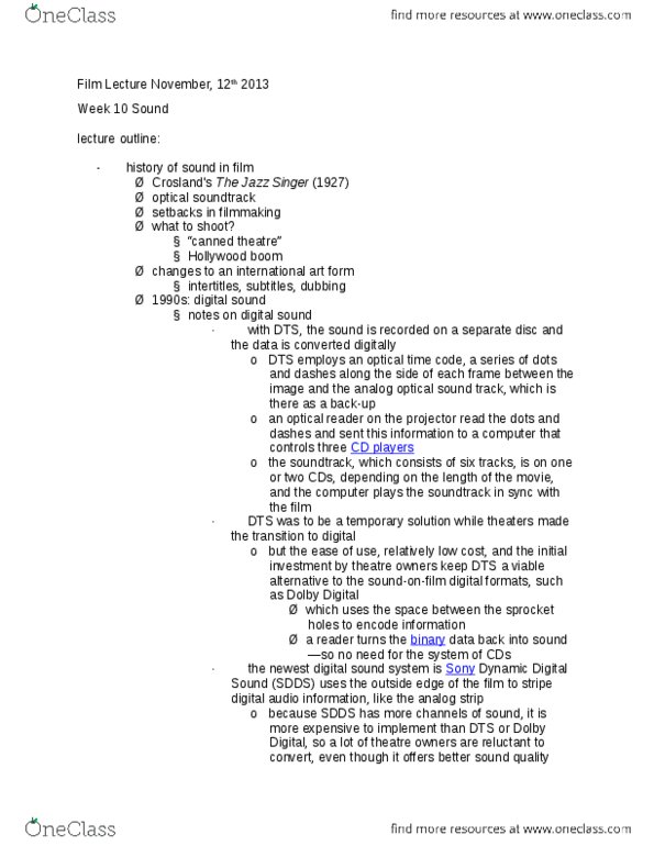 Film Studies 1020E Lecture Notes - Lecture 11: Sony Dynamic Digital Sound, Diegesis, Dolby Stereo thumbnail