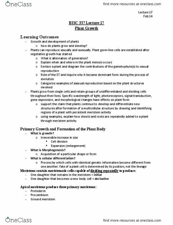 BISC 337 Lecture Notes - Lecture 17: Meristem, Cellular Differentiation, Gametophyte thumbnail