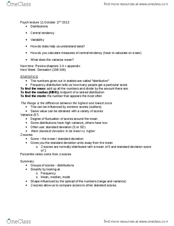 Psychology 1000 Lecture Notes - Lecture 11: Standard Deviation, Frequency Distribution, Psych thumbnail