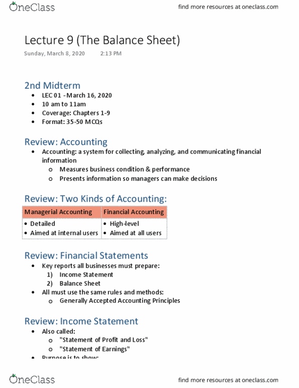 MGTA02H3 Lecture Notes - Lecture 9: A Question Of Balance, Income Statement, Operating Expense thumbnail