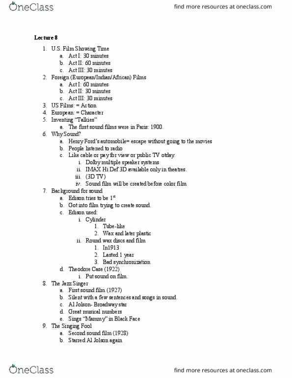 CIM 103 Lecture Notes - Lecture 8: The Singing Fool, Al Jolson, Theodore Case thumbnail