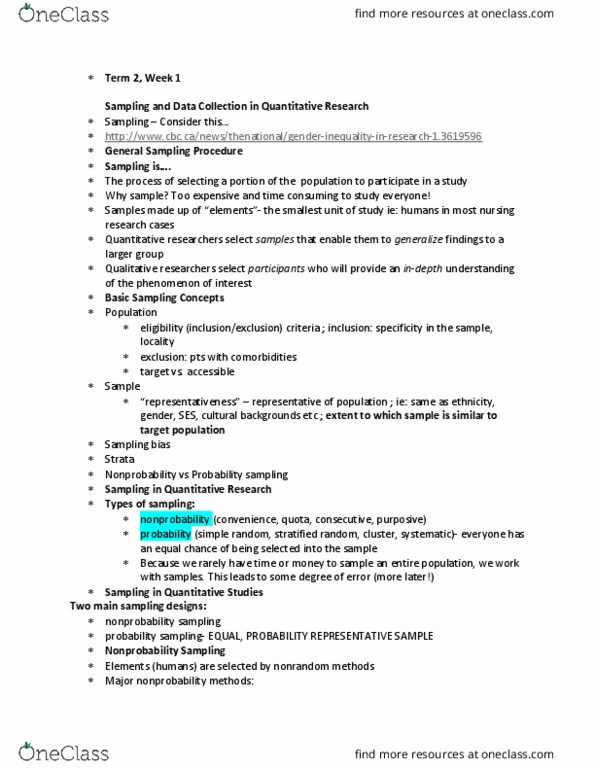 NUR 80A/B Lecture Notes - Lecture 1: Nonprobability Sampling, Simple Random Sample, Quota Sampling thumbnail