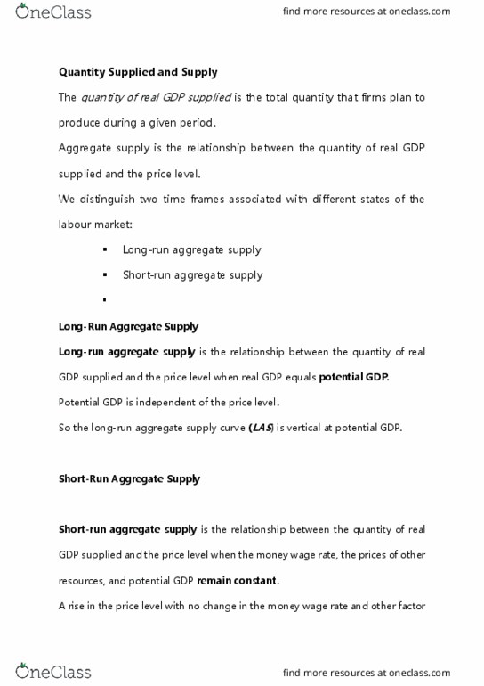 Economics 1022A/B Lecture Notes - Lecture 19: Aggregate Supply, Potential Output, Longrun cover image