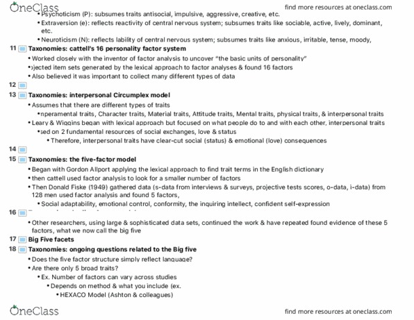 PSY230H1 Lecture Notes - Lecture 5: Gordon Allport, Hexaco Model Of Personality Structure, Factor Analysis thumbnail