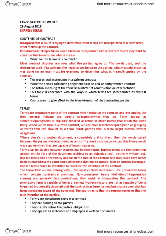 LAWS104 Lecture Notes - Lecture 8: Oral Contract, State Rail Authority, Borthwick thumbnail