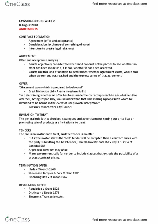 LAWS104 Lecture Notes - Lecture 3: Crest Nicholson, Paull, Posting Rule thumbnail