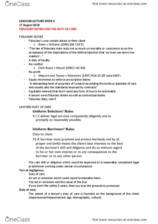 LAWS108 Lecture Notes - Lecture 4: Fiduciary, Equitable Interest, Res Judicata thumbnail