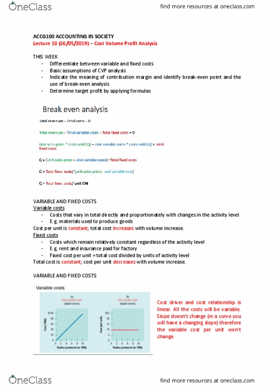 ACCG100 Lecture Notes - Lecture 10: Cost Driver, Fixed Cost, Variable Cost thumbnail