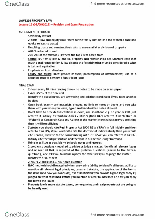 LAWS216 Lecture Notes - Lecture 13: Conveyancing, Joint Issue, Gender Analysis thumbnail