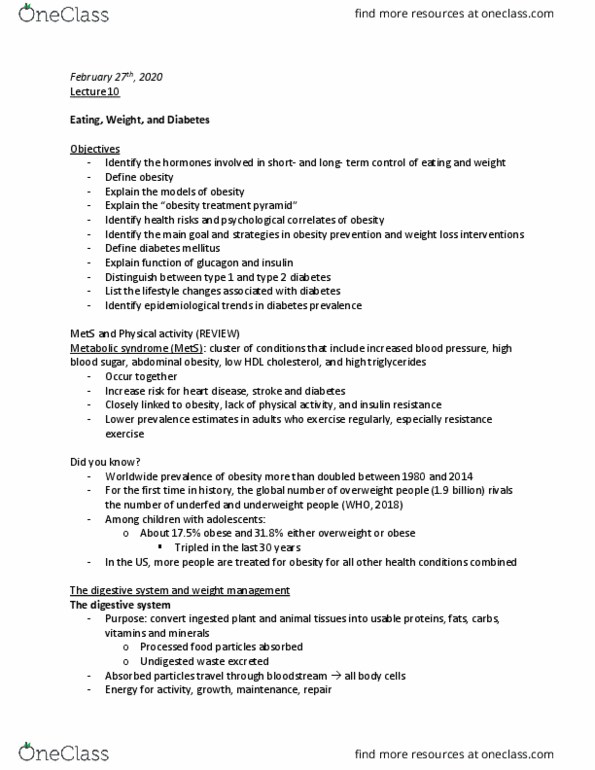 CAS PS 332 Lecture Notes - Lecture 10: Hyperglycemia, High-Density Lipoprotein, Insulin Resistance thumbnail