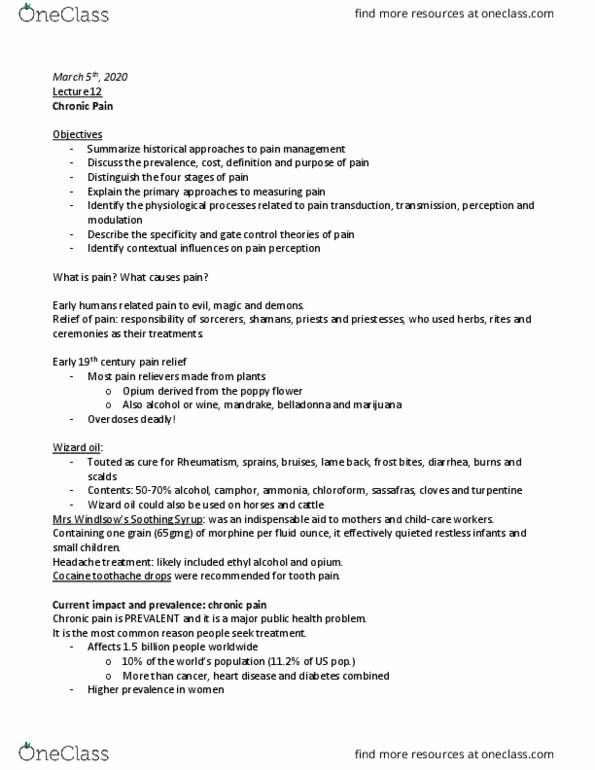 CAS PS 332 Lecture Notes - Lecture 12: Fluid Ounce, Chronic Pain, Atropa Belladonna thumbnail