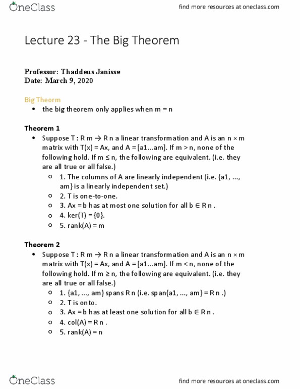 MAT137Y1 Lecture Notes - Lecture 28: Linear Map, Invertible Matrix cover image