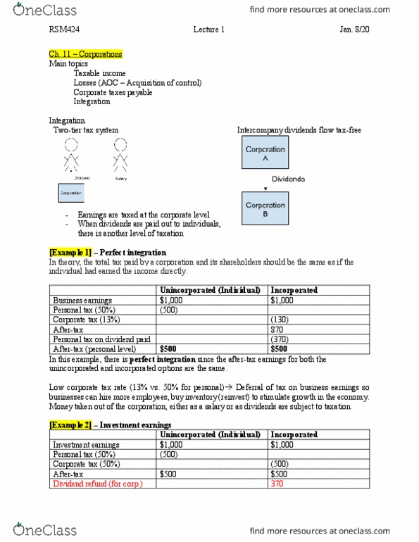 RSM424H1 Lecture Notes - Lecture 2: Corporate Tax, Deferral, Income Property thumbnail