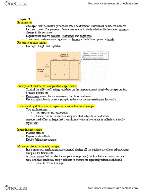 SOCI 350 Chapter Notes - Chapter 9: Block Design, Random Assignment, Design Of Experiments thumbnail