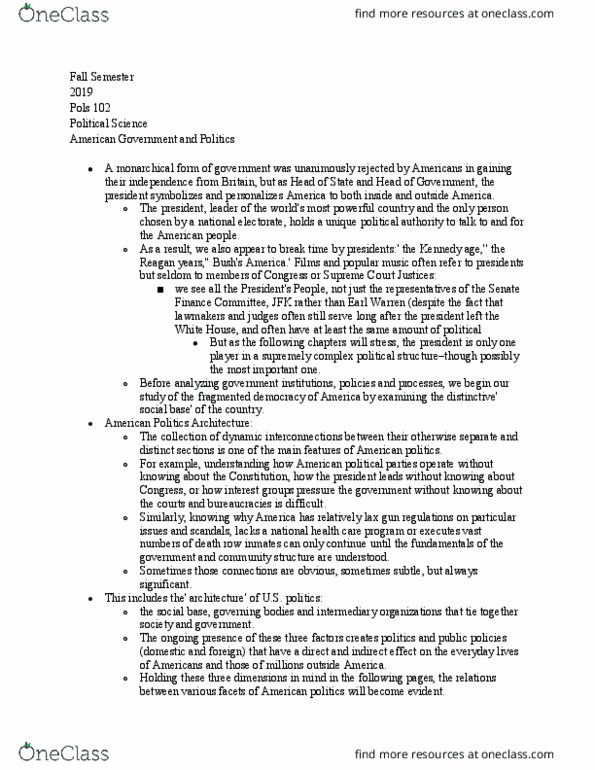 POLS 102 Lecture Notes - Lecture 2: United States Senate Committee On Finance, Earl Warren, Social Fact thumbnail