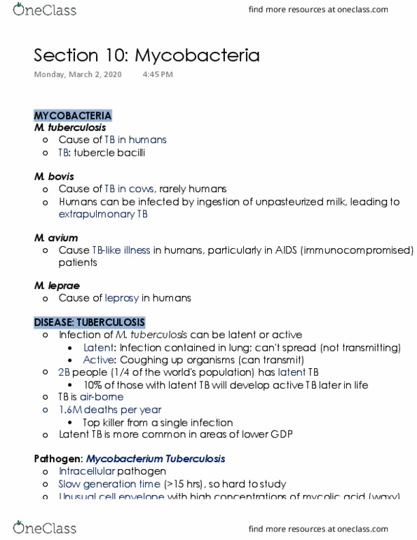 Microbiology and Immunology 2500A/B Lecture Notes - Lecture 10: Mycobacterium Bovis, Pasteurization, Cell Envelope thumbnail