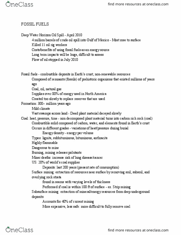 ENST 0842 Lecture Notes - Lecture 7: Coal Gas, Anthracite, Fossil thumbnail