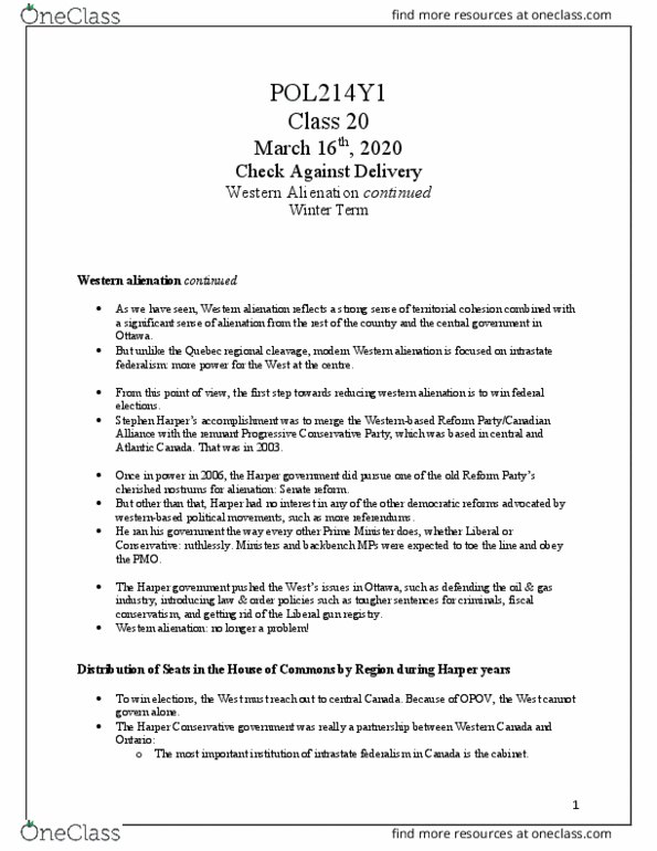 POL214Y1 Lecture Notes - Lecture 20: Premiership Of Stephen Harper, Western Alienation In Canada, Canadian Firearms Registry thumbnail