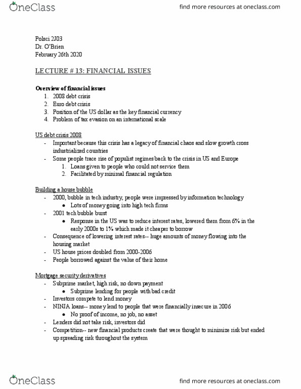 POLSCI 2J03 Lecture Notes - Lecture 13: Subprime Lending, Financial Regulation, Europe 1 thumbnail